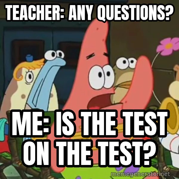 Is Mayonnaise an Instrument? meme: Teacher: any questions? / Me: is the test on the test?