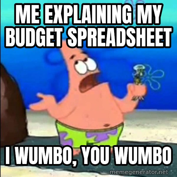 I Wumbo, You Wumbo meme: Me explaining my budget spreadsheet / I wumbo, you wumbo